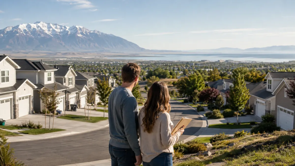Young couple comparing attainable homes in Utah County and Davis County, Utah, with practical garages, established neighborhoods, lake views, and snowcapped Wasatch Mountains in soft morning light.