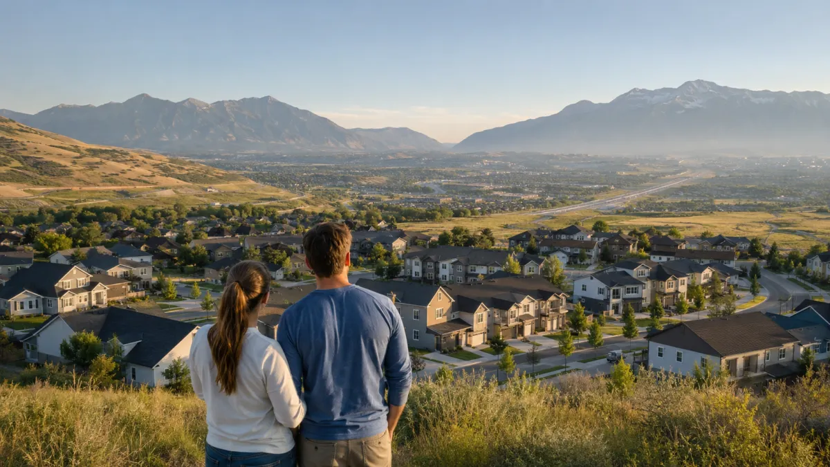 Young couple overlooking attainable homes between Salt Lake City and Provo, Utah, with newer neighborhoods, Point of the Mountain, Interstate 15, and broad Wasatch Mountain views in soft morning light.
