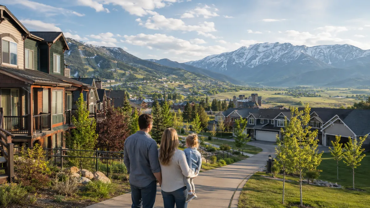 Family comparing Park City and Heber City neighborhoods, with attainable mountain homes, walkable paths, green lawns, open valley scenery, and snow-capped Wasatch Back mountains.