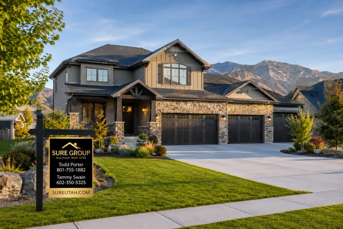 Upgraded Davis County home with a three-car garage, landscaped yard, Wasatch Mountain views, and a SURE Group sign featuring Todd Porter and Tammy Swain.