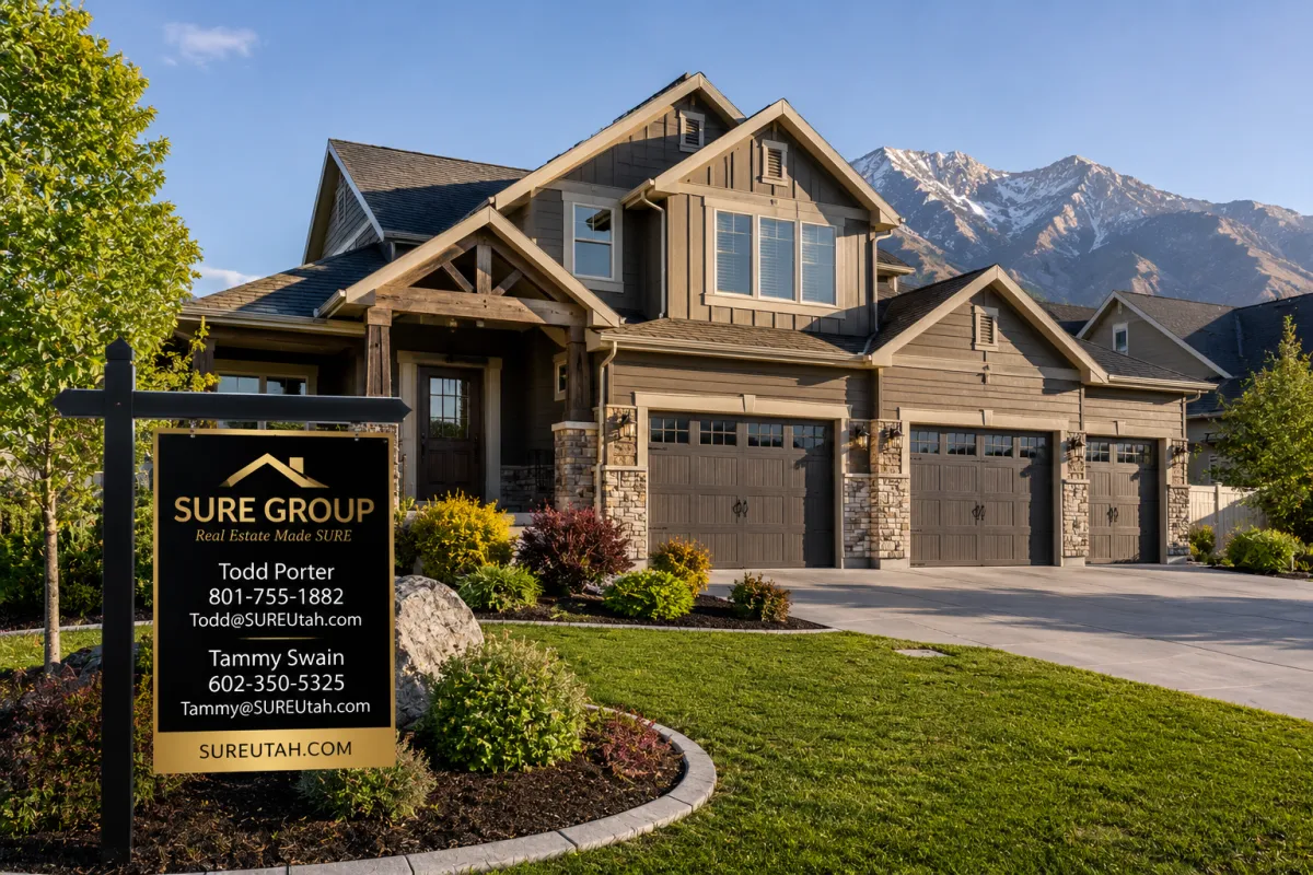 Upgraded Davis County move-up home with a three-car garage, landscaped yard, Wasatch Mountain views, and a SURE Group sign featuring Todd Porter and Tammy Swain’s contact information.