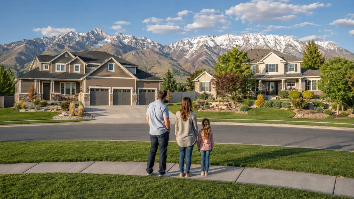 Family comparing upgraded move-up homes in Farmington and Kaysville, Utah, with three-car garages, landscaped yards, mature trees, and Wasatch Mountain views.