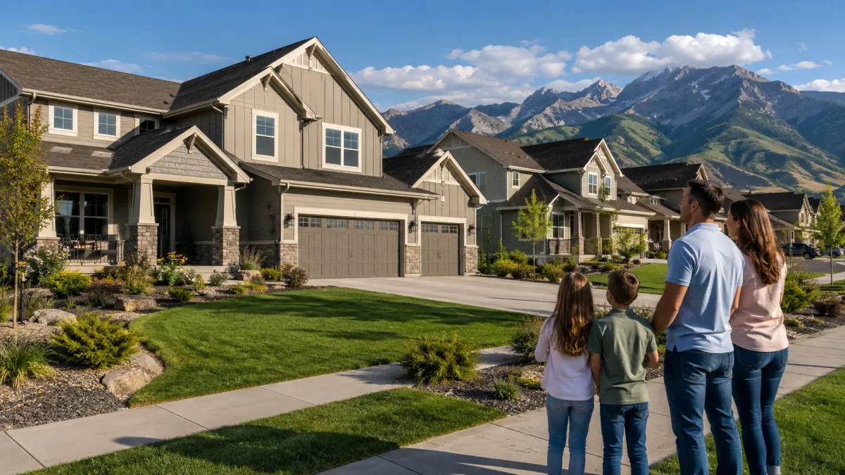Family considering an upgraded Utah move-up home with a three-car garage, landscaped yard, larger living space, and Wasatch Mountain views.