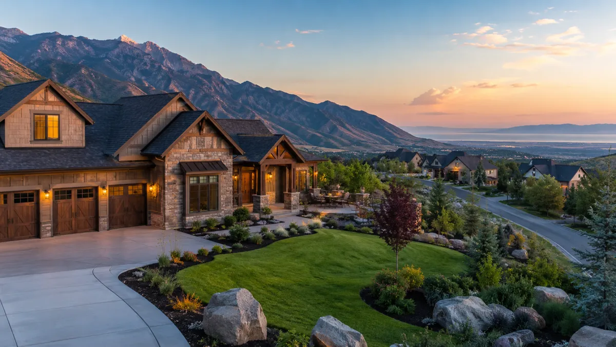 Custom luxury home in Davis County with stone and wood architecture, a four-car garage, mature landscaping, and dramatic Wasatch Mountain views.