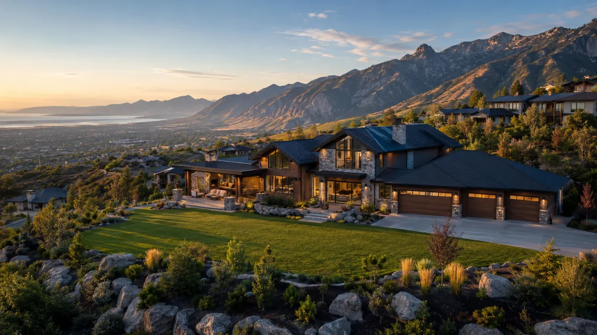 High-end custom home on the Davis County east bench with a four-car garage, mature landscaping, Wasatch Mountain scenery, and sweeping Great Salt Lake views.
