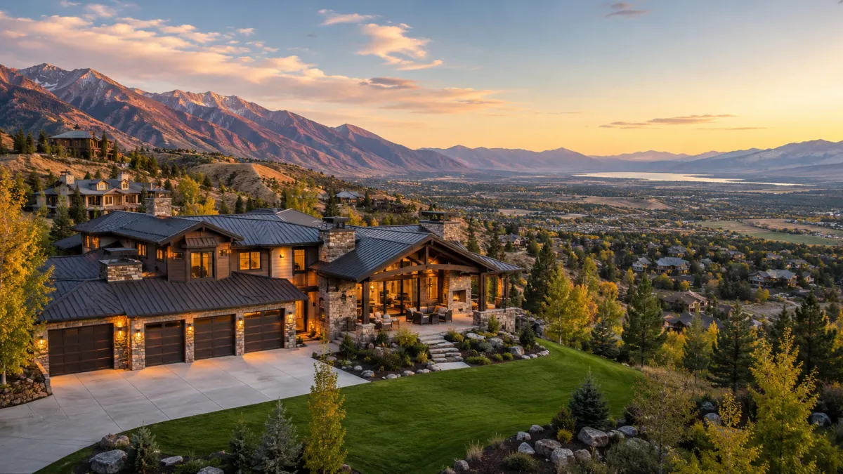 Custom luxury home overlooking the Wasatch Front with stone and wood architecture, a four-car garage, landscaped grounds, and expansive Utah mountain and valley views.
