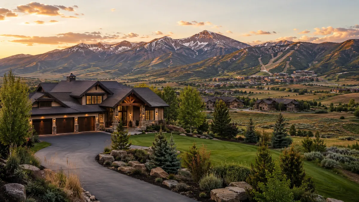 Luxury Heber City custom home overlooking the Wasatch Back toward Park City, with stone and wood architecture, a large garage, landscaped grounds, and mountain views.