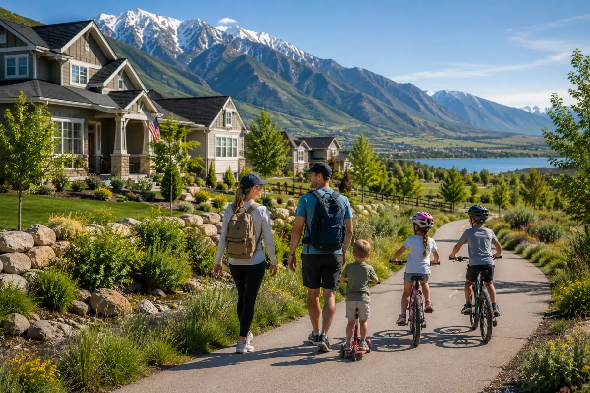 Family biking and walking on a Northern Utah neighborhood trail near attainable homes, green parks, a mountain canyon, and a scenic reservoir.