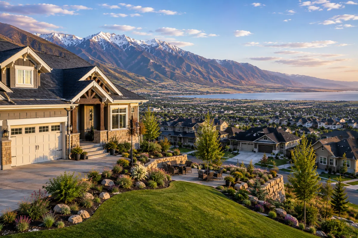 Northern Utah home on an elevated landscaped lot overlooking a residential valley, the Great Salt Lake, and dramatic Wasatch Mountain views.