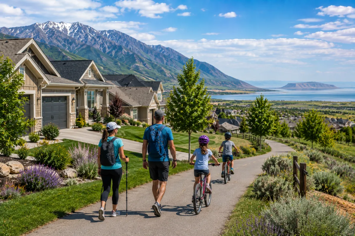 Family walking and biking on a Davis County neighborhood trail near attainable homes, Wasatch foothills, the Great Salt Lake, and Antelope Island.