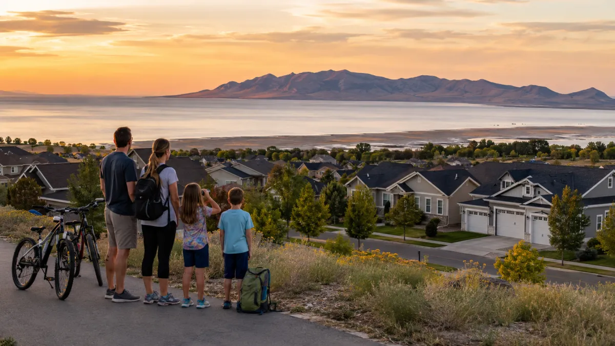 Family overlooking the Great Salt Lake and Antelope Island from a Syracuse neighborhood, with bicycles, a hiking daypack, attainable homes, and a warm golden-hour sunset.
