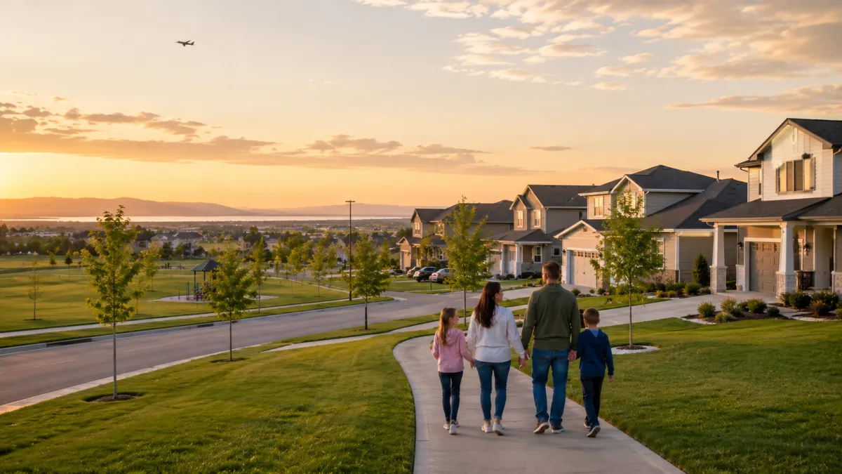 Family walking through a flat western Davis County neighborhood beside a community park at golden hour, with attainable homes, open views, the Great Salt Lake in the distance, and a military jet high in the sky.