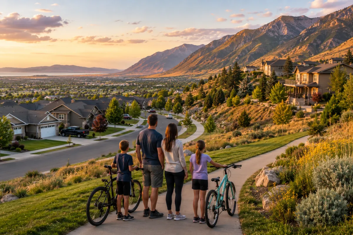 Family comparing a flat, established West Bountiful neighborhood with the elevated homes, trails, and Wasatch Mountain views of Fruit Heights.
