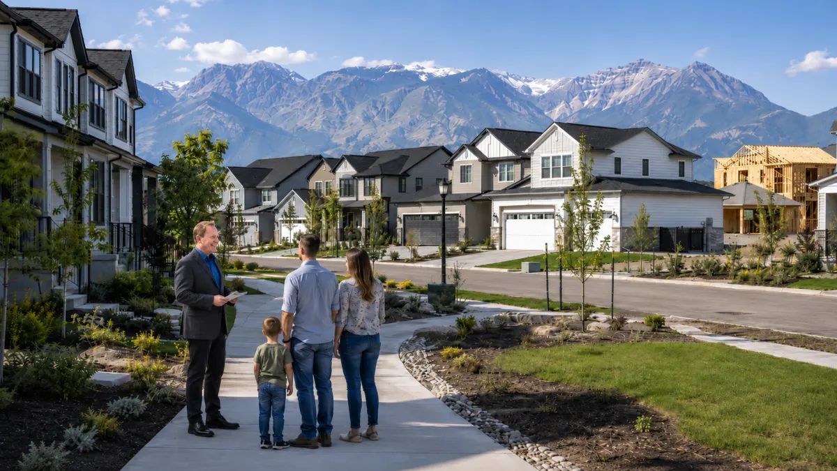 Todd Porter showing a family attainable new-construction homes in a developing Davis County neighborhood, with practical garages, young landscaping, active homebuilding, and the Wasatch Mountains in the background.