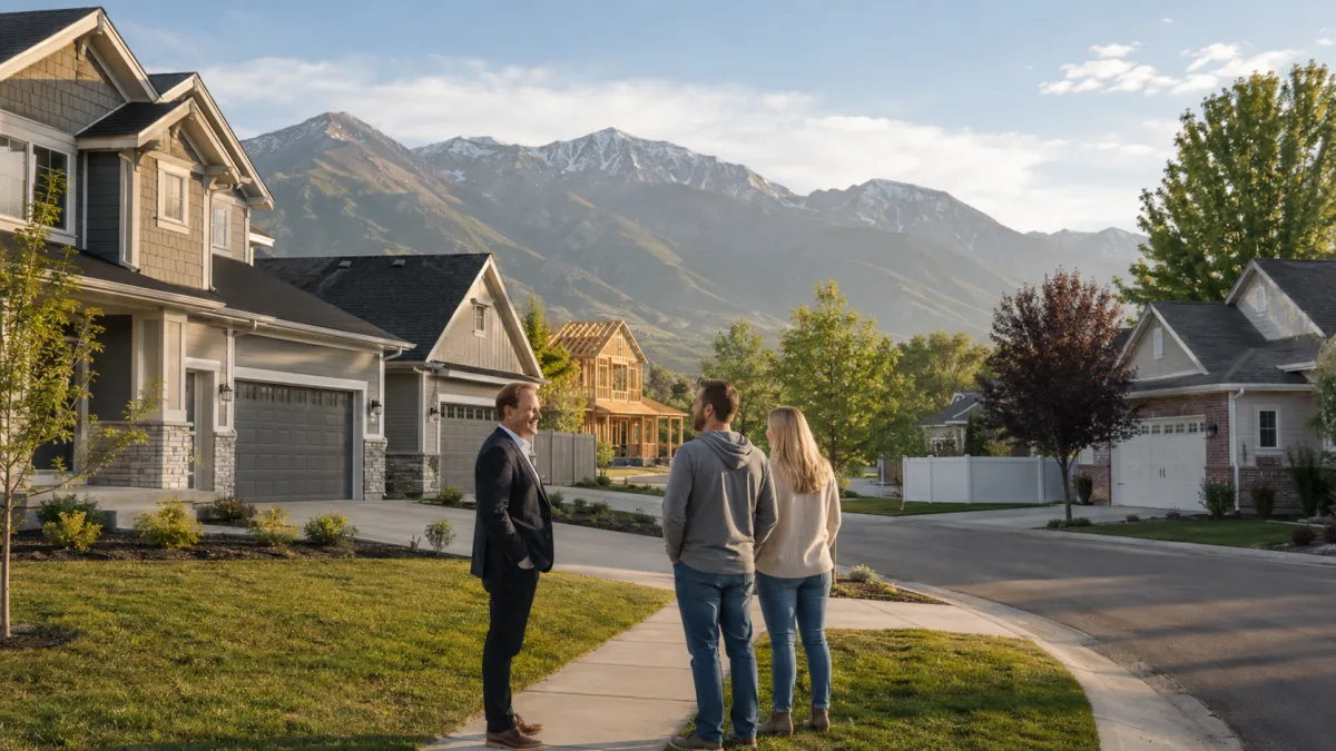 Todd Porter helping a family compare an attainable new-construction home with an established Utah resale home featuring mature landscaping and completed improvements.