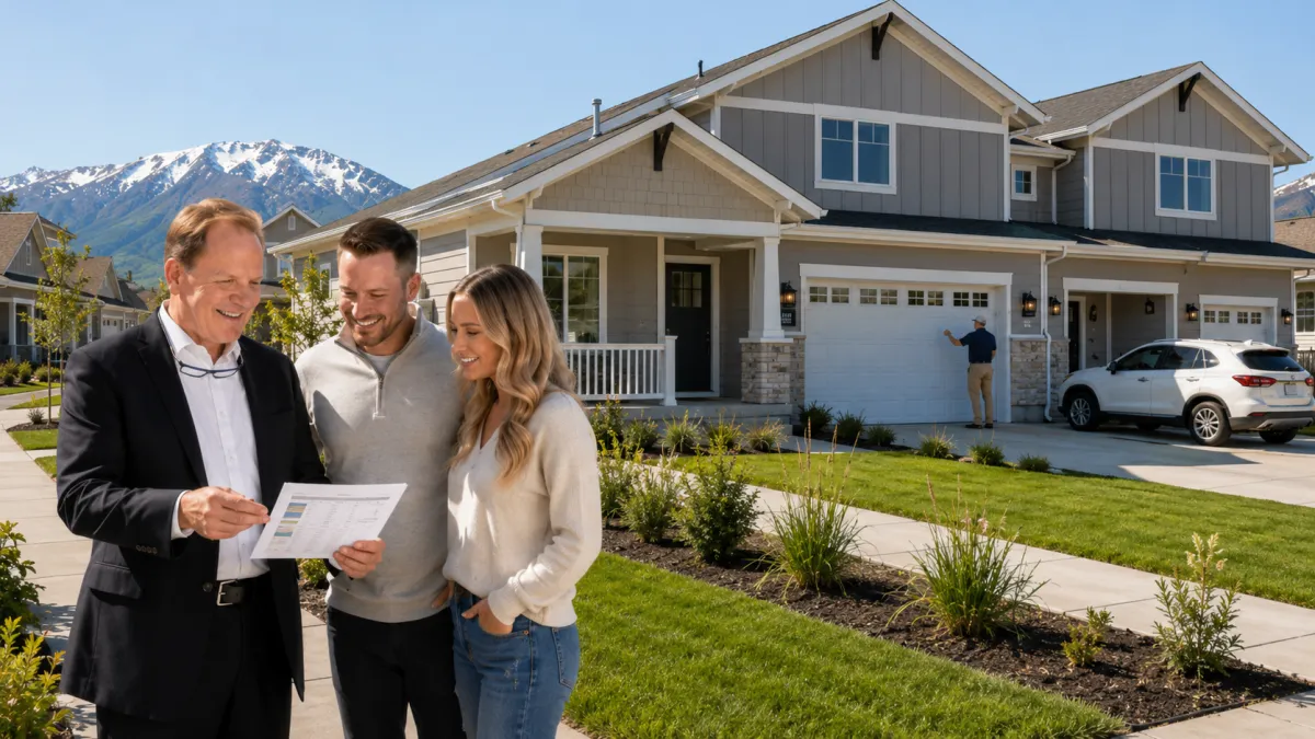 Todd Porter reviewing a property analysis with a couple on a sidewalk in front of an attainable Davis County duplex-style rental property with separate garages, landscaped lawn, a parked SUV, and Wasatch Mountain views.