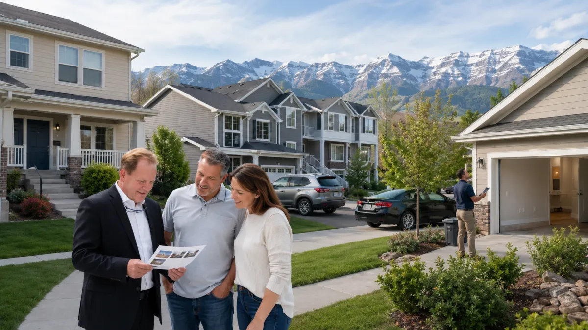 Todd Porter helping a couple compare a Davis County duplex, townhomes, and detached rental home with separate entrances, garages, maintained landscaping, and Wasatch Mountain views.