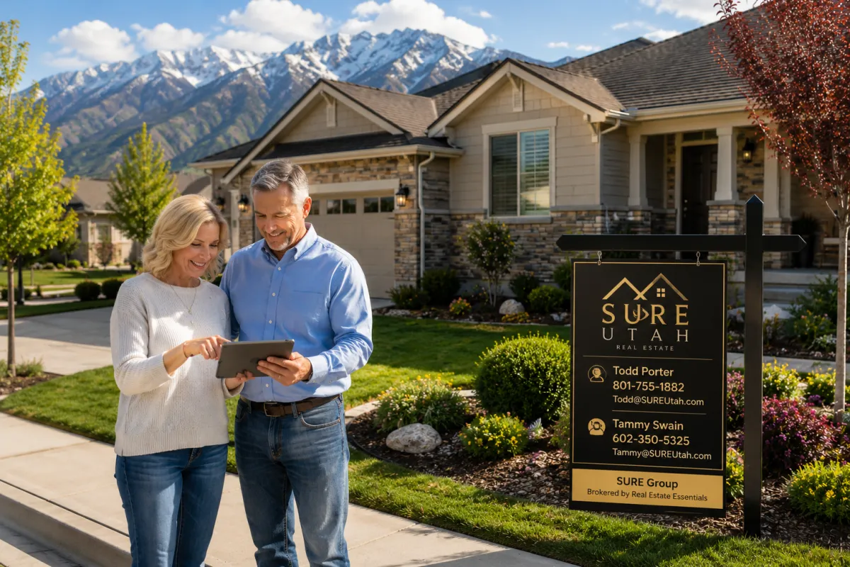 Empty-nester couple reviewing a single-level Davis County home beside a black-and-gold SURE Utah sign with Wasatch Mountain views.