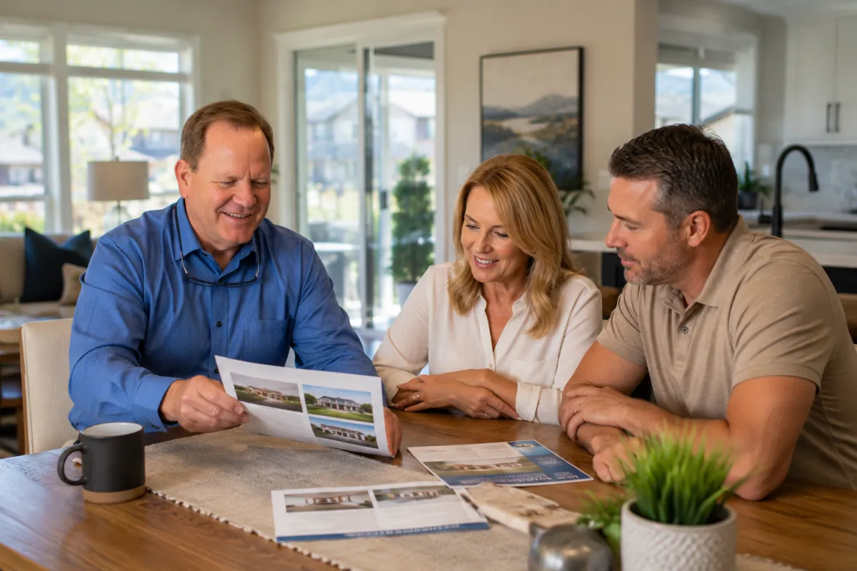 Todd Porter reviewing downsizing home options with an active empty-nester couple at a kitchen table inside a bright Davis County home, with neighborhood and mountain views visible through the windows.