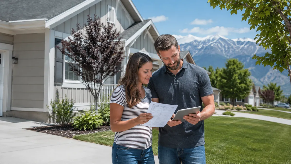 Couple reviewing a Utah property tax notice outside a Davis County home with Wasatch Mountain views.