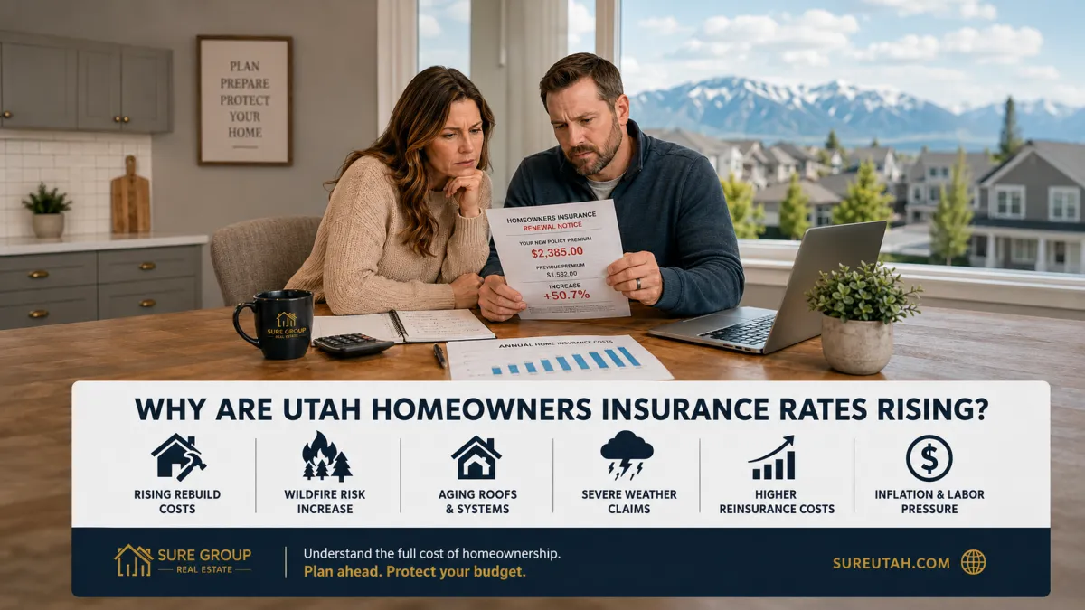 Utah homeowners reviewing a rising insurance renewal notice with a Wasatch Front home and mountain foothills visible outside.
