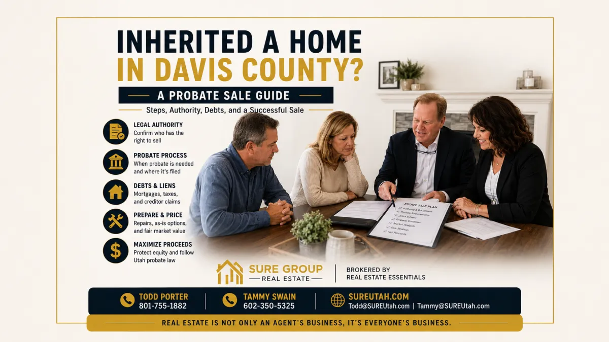 Family members reviewing probate and home-sale documents with Todd Porter and Tammy Swain inside an inherited Davis County home.