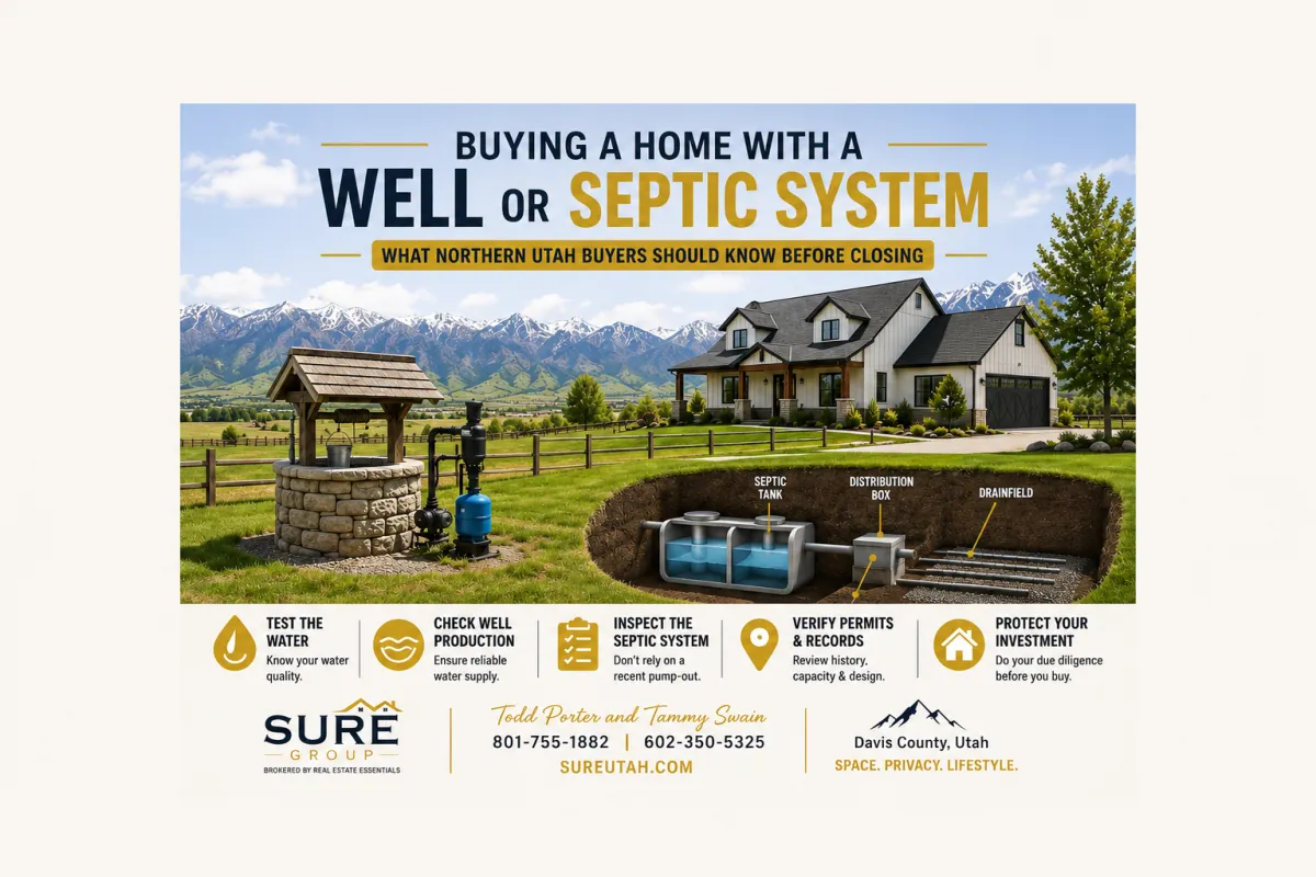 Northern Utah home on acreage with a private well and illustrated septic system, showing what buyers should inspect before closing.
