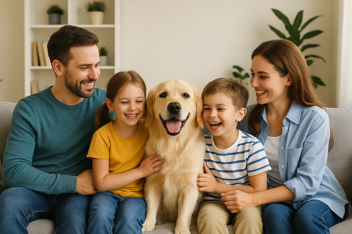 Family with children and dog relaxing in their home after pest control treatment