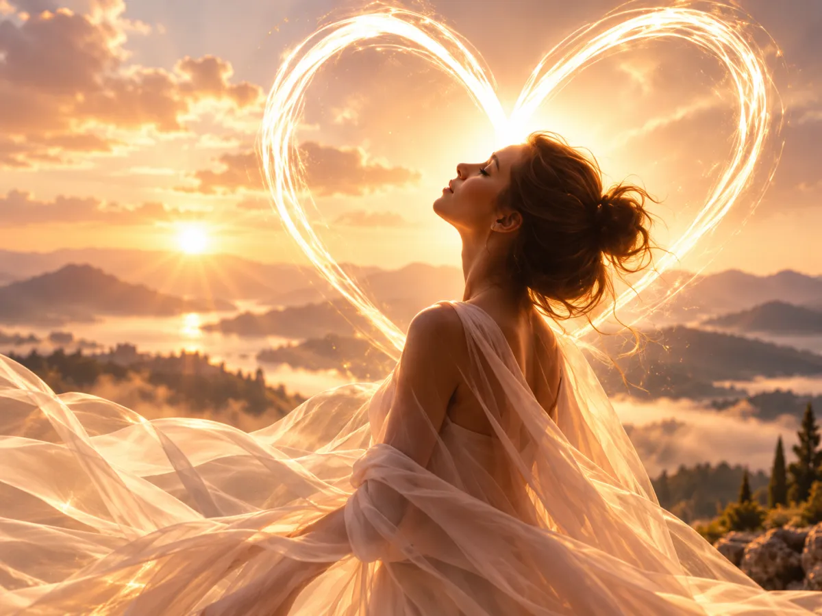 Woman in a white dress looking up at a large, glowing heart in the sky above a mountain landscape at sunset/sunrise, warm golden light