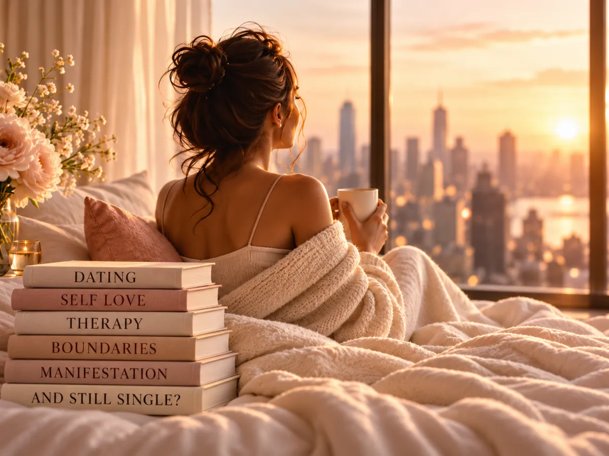 Woman sitting by a window looking out at a city skyline, holding a mug, wrapped in a blanket, with a stack of books titled Dating, Self Love, Therapy, Boundaries, Manifestation, AND STILL SINGLE?