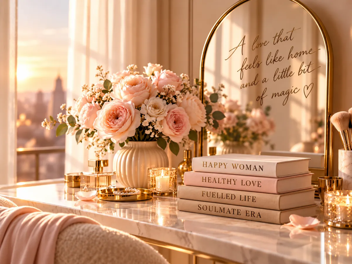 Oval mirror reflecting light, a vase of soft pink roses, a gold candle, and a stack of books titled Happy Woman, Healthy Love, Fulfilled Life, Soulmate Era