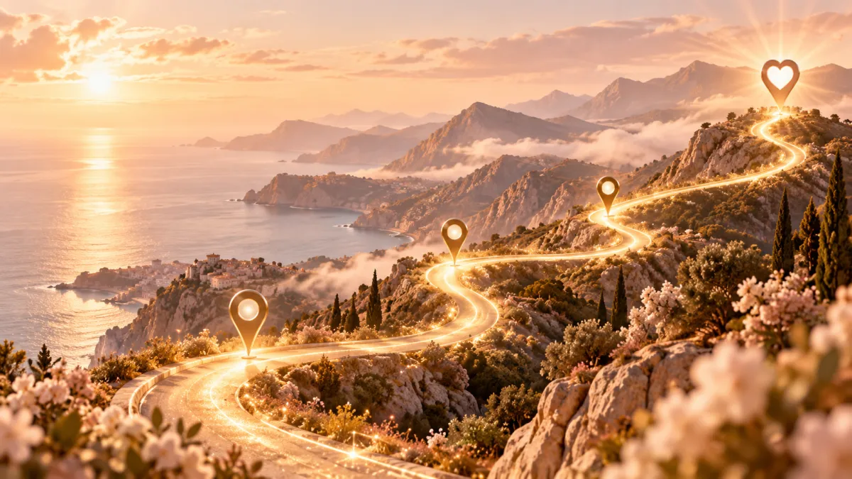 Illustration of a winding golden road through a mountain valley at sunset, with location map pins marking stages of a journey