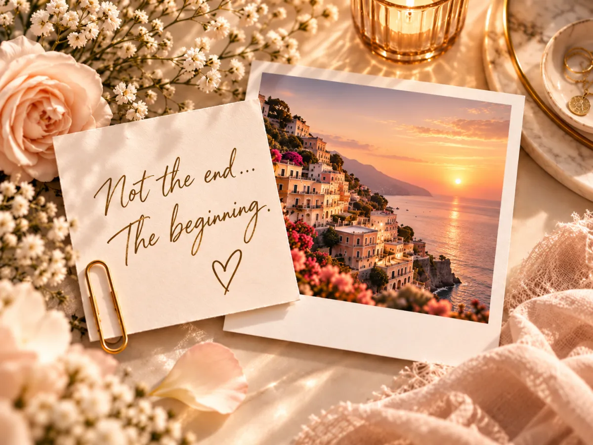 Two polaroid photos, one blank with a hand-drawn heart, the other showing a coastal town at sunset