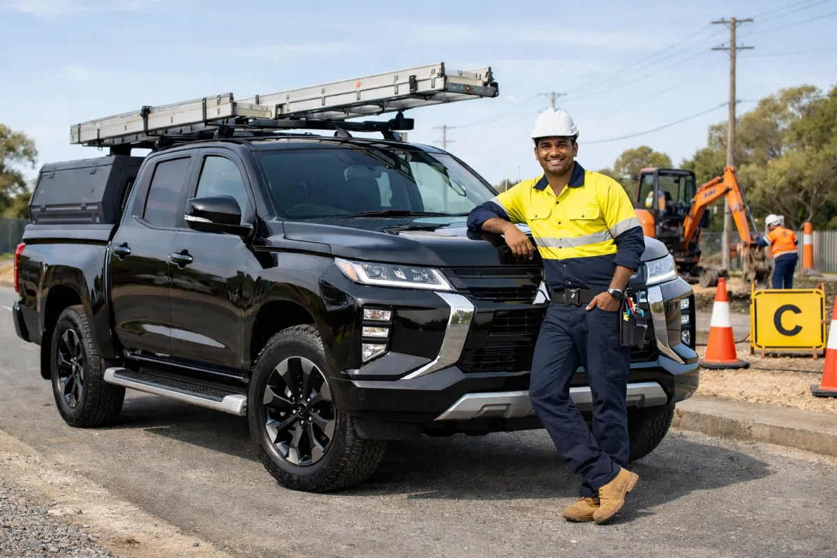 Tradie leaning against new work ute