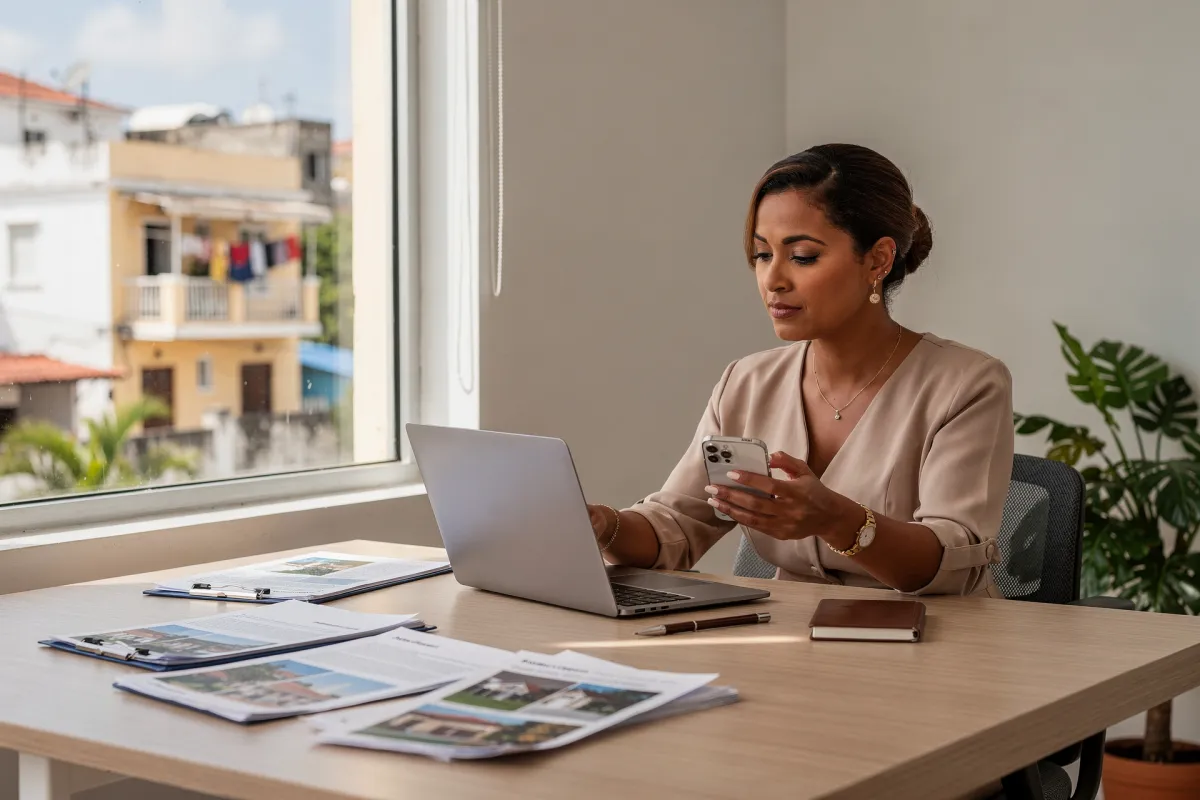 Mujer dominicana comparando propiedades inmobiliarias en su escritorio con documentos y tecnología