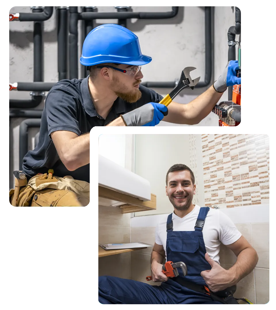 Professional plumbers at work, one adjusting pipes with a wrench and another smiling with a pipe wrench in a residential bathroom.