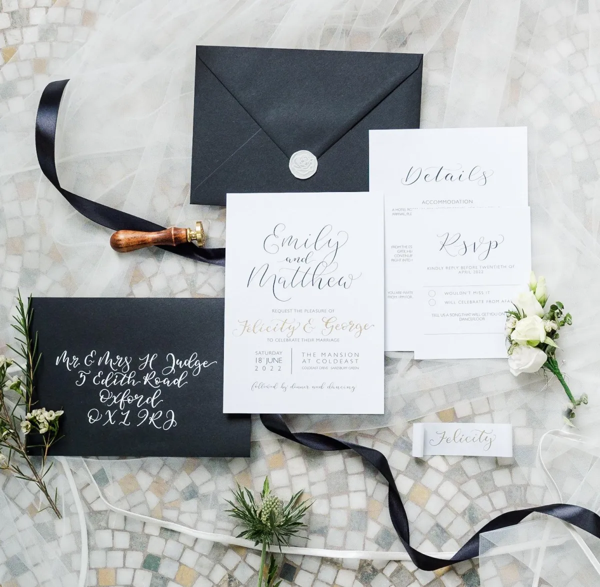Calligraphy wedding stationery, calligraphy addressed envelope, wedding invitations