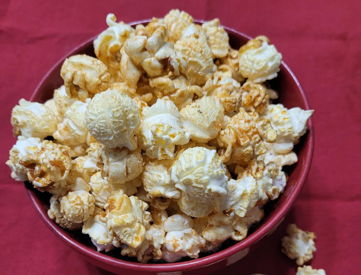 classic kettle corn popcorn presented in a red bowl