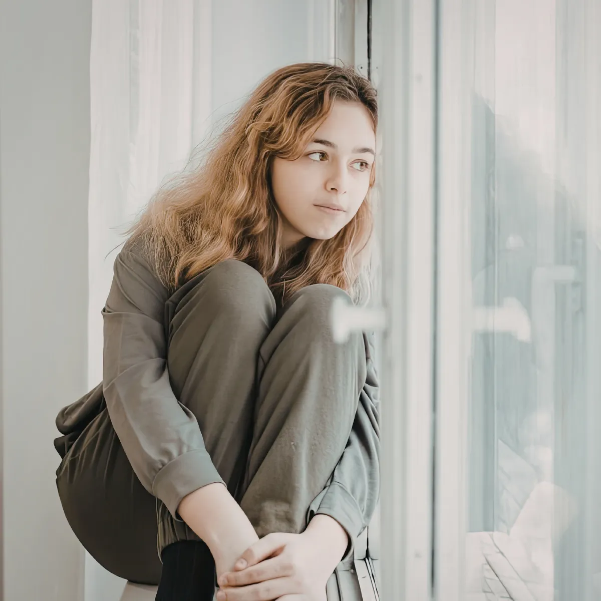 Person leaning against a window with their knees brought up to their chest, with a neutral expression.
