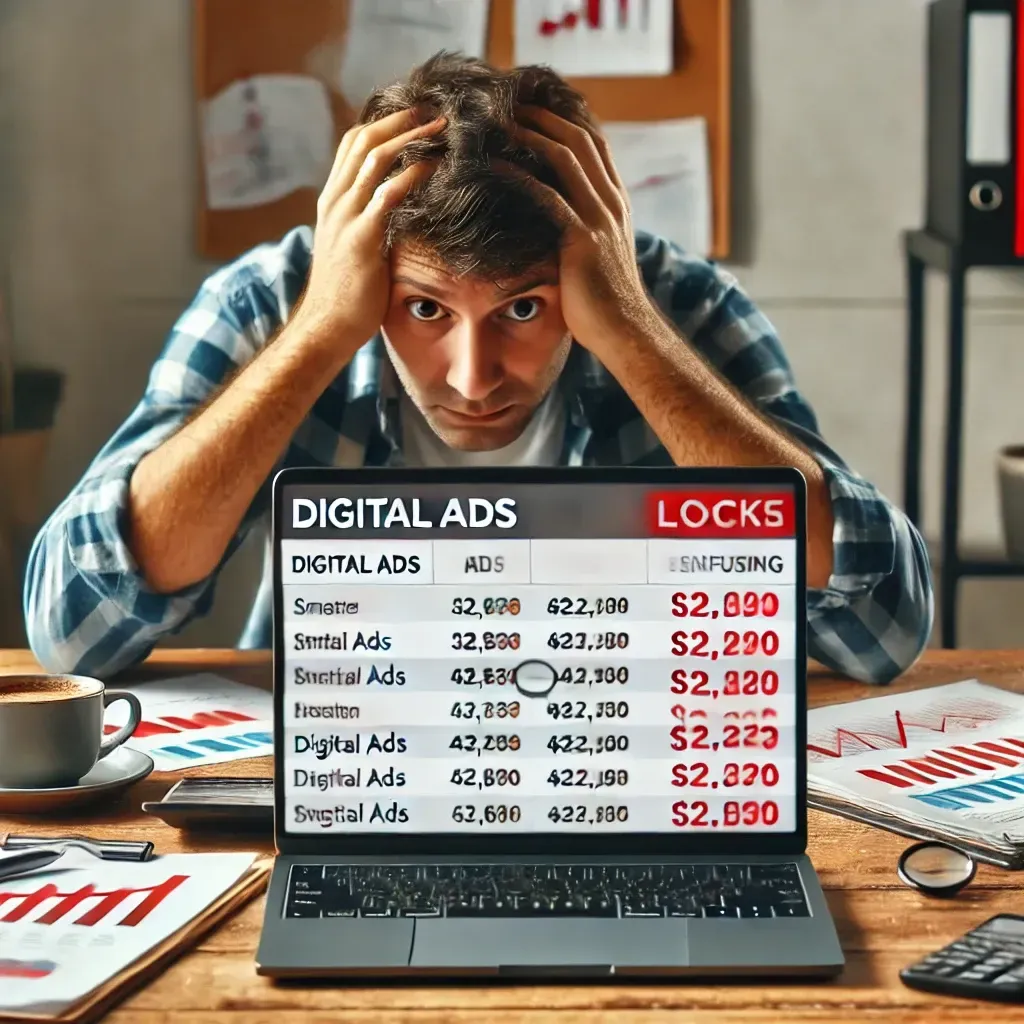 Overwhelmed business owner sitting at a desk, staring at a confusing digital ads dashboard showing red numbers and losses.