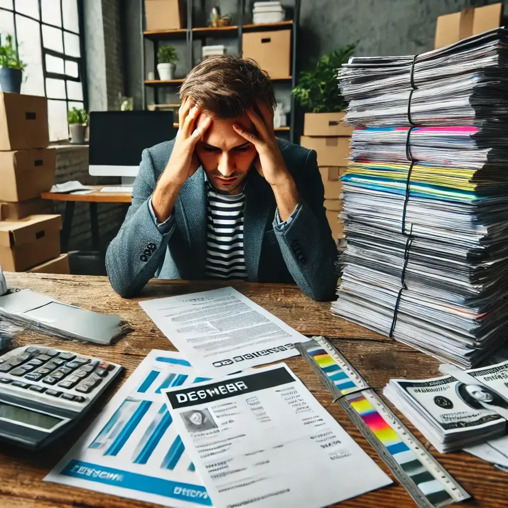 Stressed small business owner sitting at a desk cluttered with stacks of marketing postcards and an expensive printing invoice.