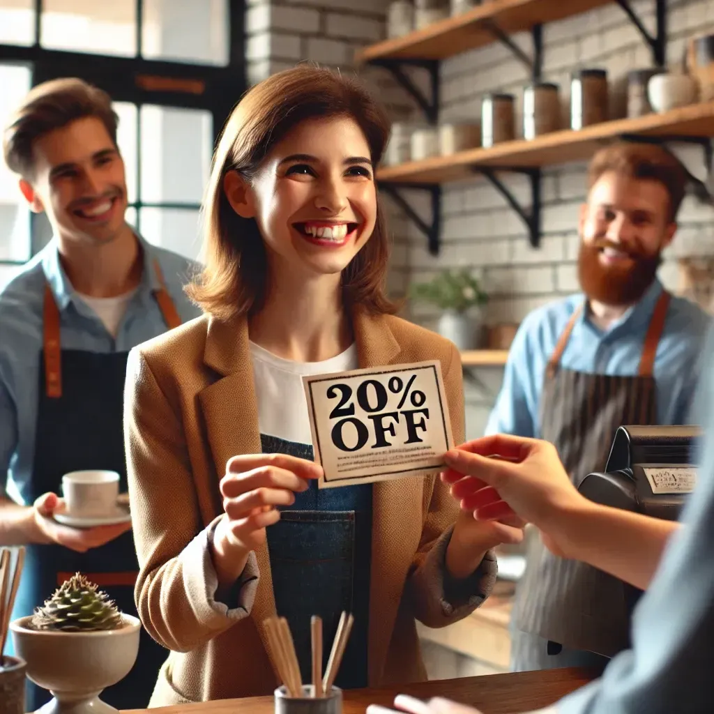 Relieved small business owner smiling as new customers walk in holding a “20% Off” coupon.