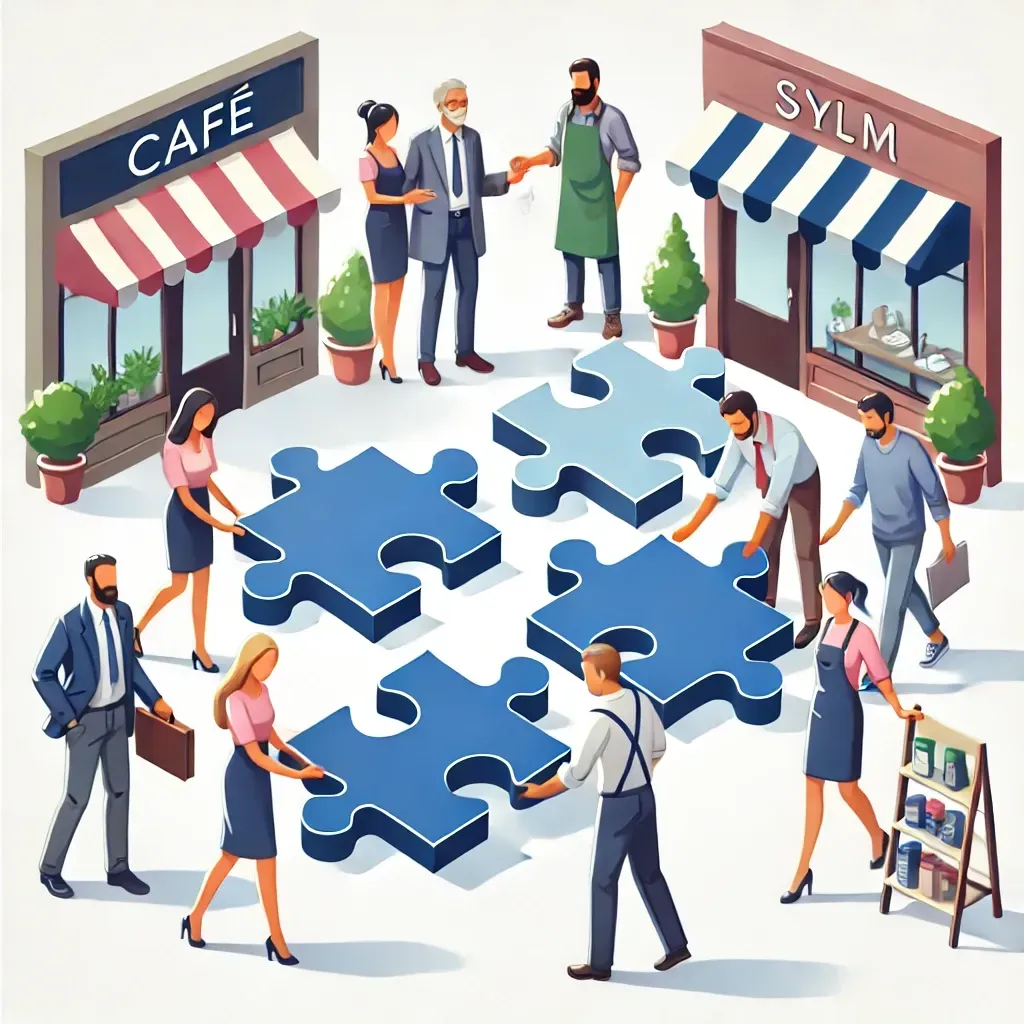 Illustration of multiple small business owners working together, placing puzzle pieces to symbolize collaboration and shared marketing efforts. The group includes owners of a café, salon, gym, and retail shop.