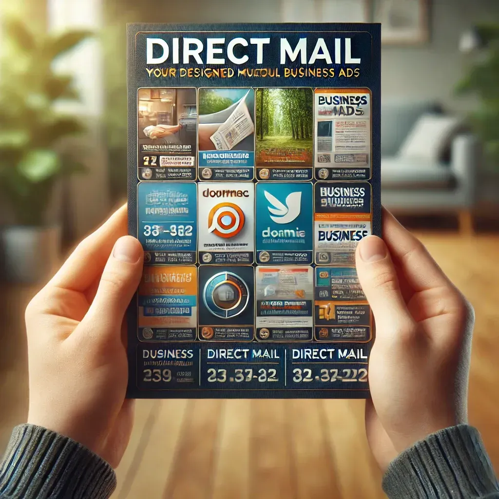 Photorealistic image of hands holding a professionally designed direct mail postcard featuring multiple business ads. The postcard is colorful and high-quality, with a blurred background suggesting a home or office setting.