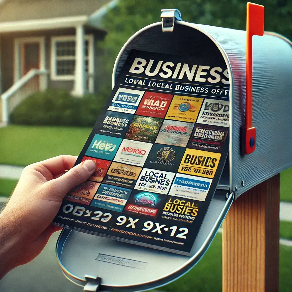 Photorealistic image of a hand pulling a vibrant 9x12 postcard from a residential mailbox. The postcard features multiple business ads, highlighting local business offers being delivered directly to potential customers.