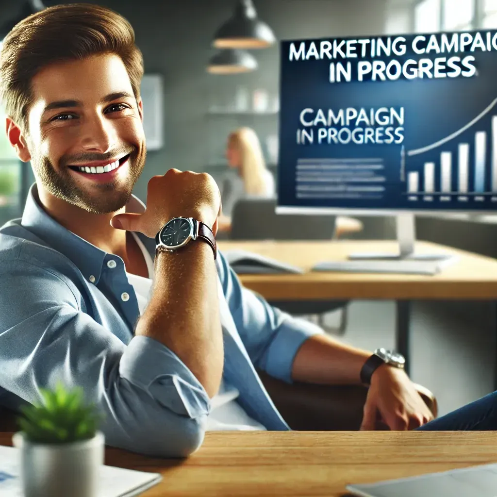 Photorealistic image of a happy small business owner relaxing in their office, smiling confidently while focusing on their work. In the background, a digital screen displays 'Marketing Campaign in Progress,' symbolizing stress-free advertising management.