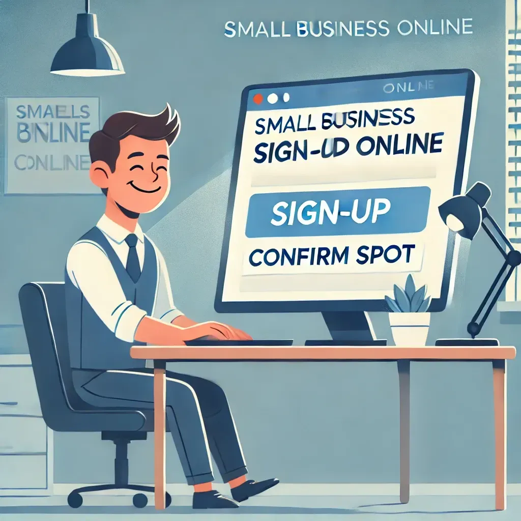 Illustration of a small business owner sitting at a desk, happily signing up for a co-op marketing campaign. The computer screen shows a simple sign-up form with 'Small Business Online,' 'SIGN-UP,' and 'Confirm Spot,' confirming their ad reservation.