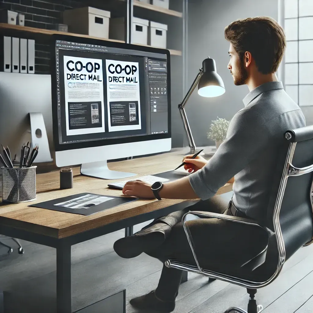 Photorealistic image of a graphic designer working at a modern desk, creating a sleek marketing postcard for a co-op direct mail campaign. The computer screen displays a high-quality ad layout, emphasizing creativity and professionalism.