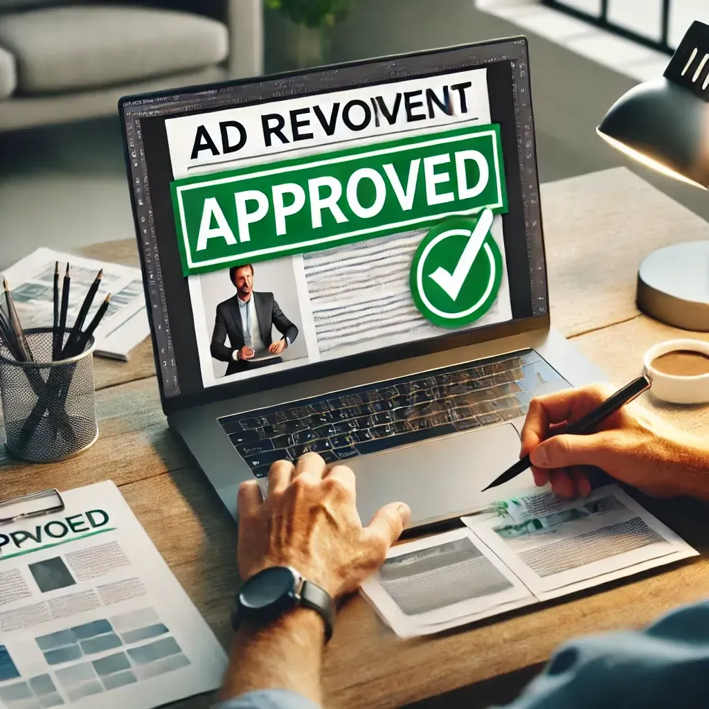 Photorealistic image of a small business owner sitting at a desk, reviewing a digital proof of their ad on a laptop screen. A large green checkmark icon overlays the ad design, with the correctly spelled word 'APPROVED' displayed clearly, symbolizing final approval and satisfaction.