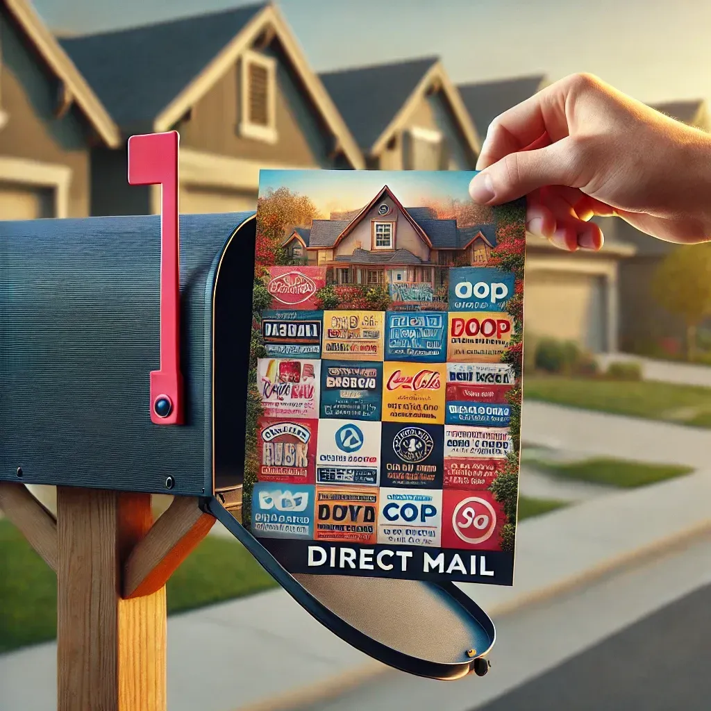 Photorealistic image of a single colorful 9x12-inch marketing postcard being delivered into a residential mailbox. The postcard features multiple business ads, emphasizing a co-op direct mail campaign, with a blurred suburban background highlighting targeted local delivery.